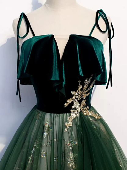 Robes de bal longues en velours à bretelles vertes P538