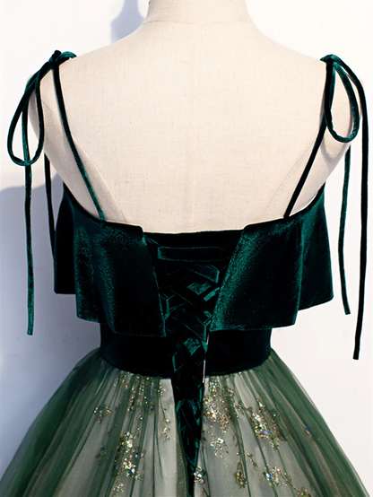 Robes de bal longues en velours à bretelles vertes P538
