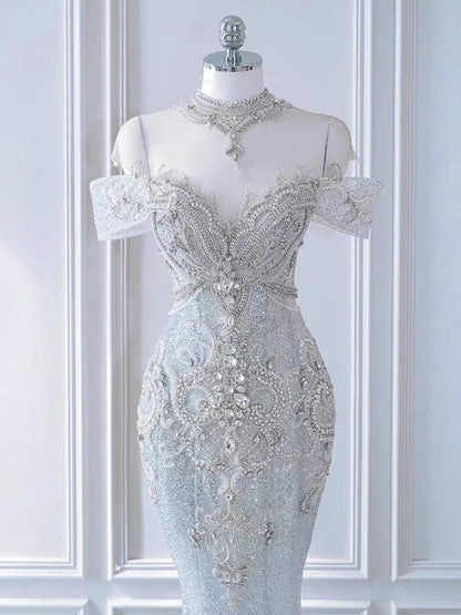 Robes de mariée longues de sirène vintage à sequins P1071