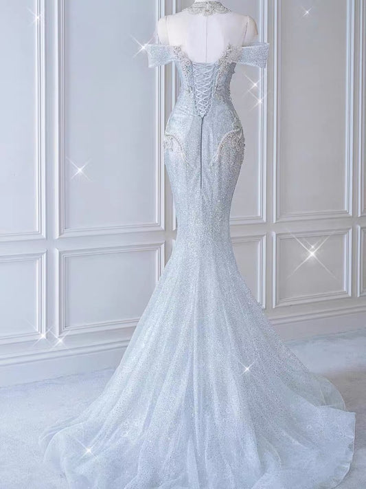 Vintage Mermaid Sequin Long Wedding Dresses P1071