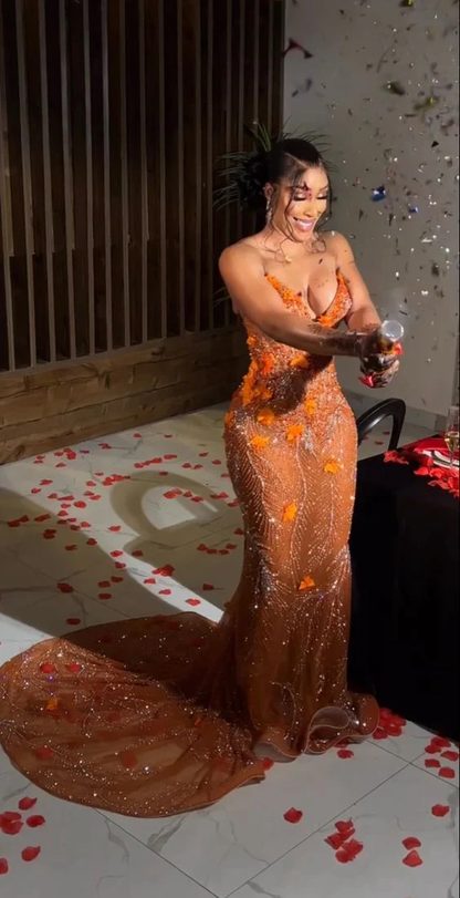 Meerjungfrau Orange Abschlussballkleider Ärmellos Outfits zum 17. Geburtstag P394