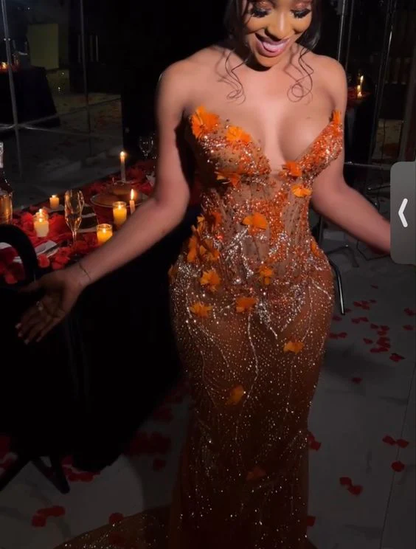 Meerjungfrau Orange Abschlussballkleider Ärmellos Outfits zum 17. Geburtstag P394