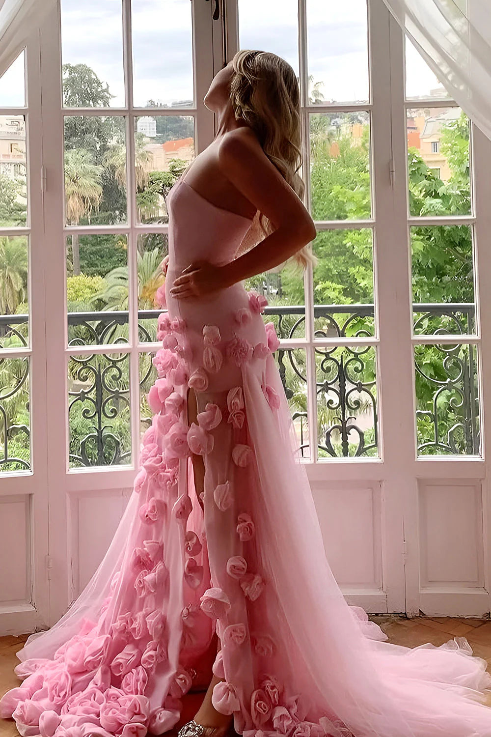open lace back dress Sexy A line Sweetheart Sleeveless Party Dress Pink Slit Flowers Prom D –  PreppyDress