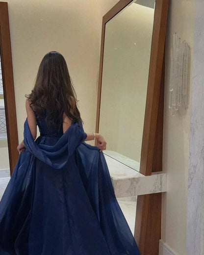 A line Strapless Navy Blue Long Prom Dress With Straps P1516