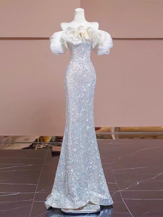 Pretty Mermaid Off The Shoulder Sequin Long Evening Party Dress Prom Dresses PD0039