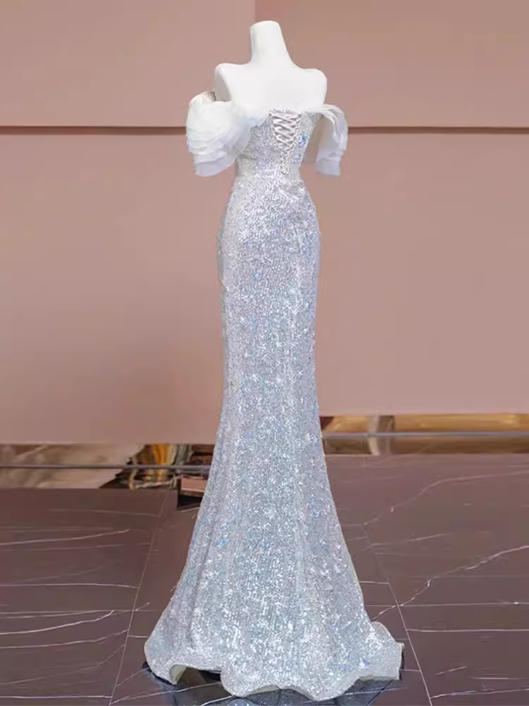 off the shoulder sequin mermaid dress Champagne Sequin Off-Shoulder Evening Gown - Mermaid Silhouette Sparkly Maxi Dress