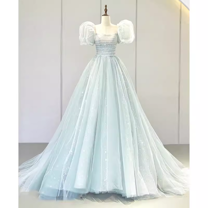Hübsches Ballkleid mit eckigem Ausschnitt, kurzen Ärmeln, langem Abendkleid, Abschlussballkleider PD0040