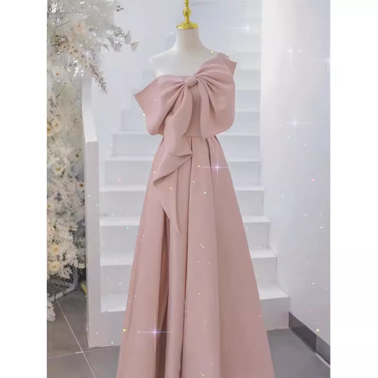 Pretty A line One Shoulder Pink Satin Long Evening Party Dress Prom Dresses With Bowknot PD0041