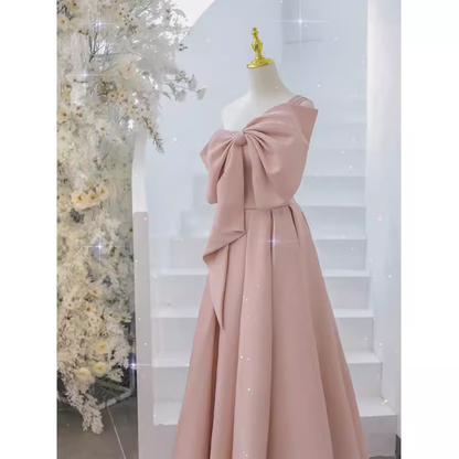 Pretty A line One Shoulder Pink Satin Long Evening Party Dress Prom Dresses With Bowknot PD0041