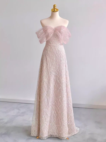 Pretty A line Off The Shoulder Pink Sequin Long Evening Party Dress Prom Dresses With Beads PD0042