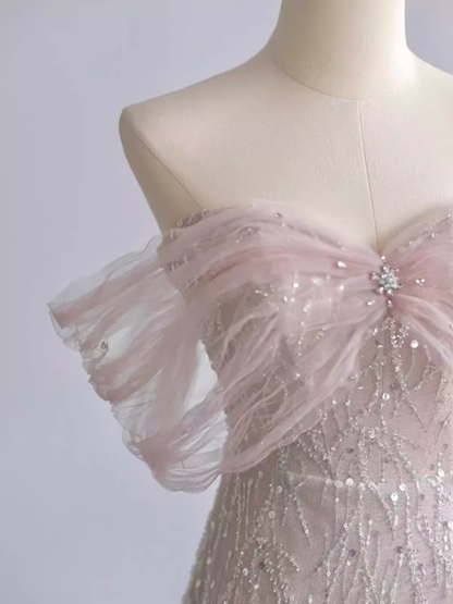 Pretty A line Off The Shoulder Pink Sequin Long Evening Party Dress Prom Dresses With Beads PD0042