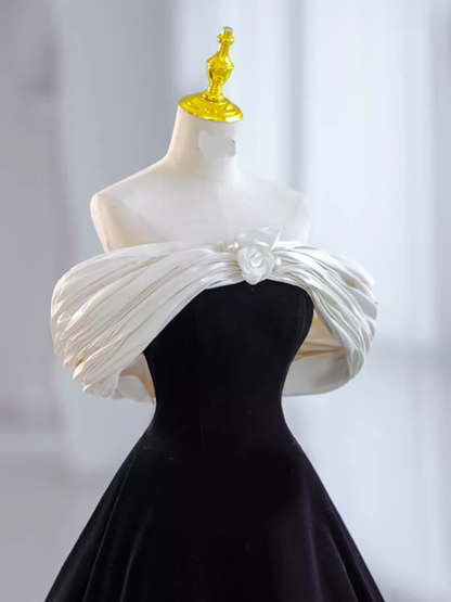 Pretty Ball Gown Off The Shoulder Black Velvet Evening Party Dress Prom Dresses With Flower PD0043