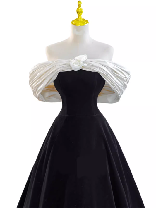 Pretty Ball Gown Off The Shoulder Black Velvet Evening Party Dress Prom Dresses With Flower PD0043