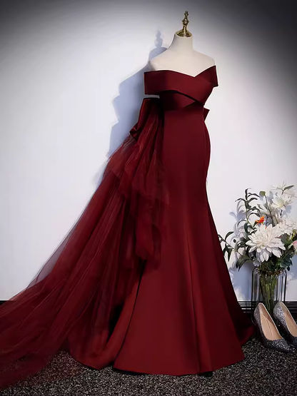 Elegantes A-Linien Off-Shoulder Ballkleid aus burgunderrotem Satin mit Schleife PD0044