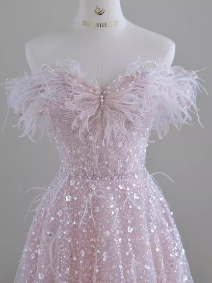 Wunderschönes A-Linien Off-Shoulder Rosa Pailletten Langes Abendkleid Ballkleid PD0045