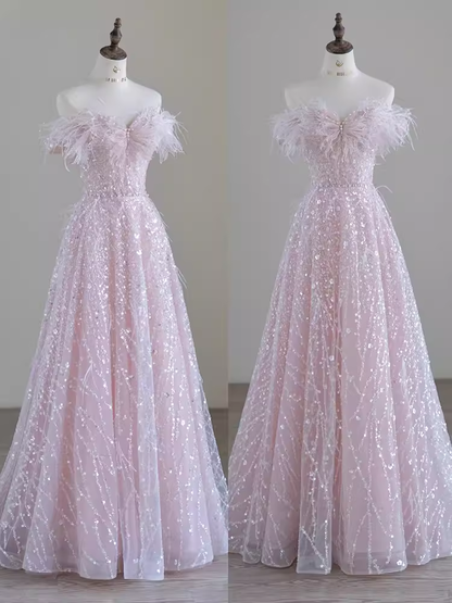 Wunderschönes A-Linien Off-Shoulder Rosa Pailletten Langes Abendkleid Ballkleid PD0045