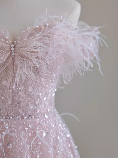 Wunderschönes A-Linien Off-Shoulder Rosa Pailletten Langes Abendkleid Ballkleid PD0045