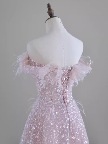 Wunderschönes A-Linien Off-Shoulder Rosa Pailletten Langes Abendkleid Ballkleid PD0045