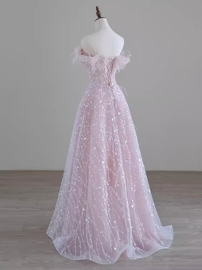 Wunderschönes A-Linien Off-Shoulder Rosa Pailletten Langes Abendkleid Ballkleid PD0045