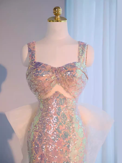 Robe de soirée longue sirène vintage à bretelles perlées et à paillettes Robes de cérémonie PD0046