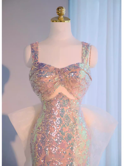 Robe de soirée longue sirène vintage à bretelles perlées et à paillettes Robes de cérémonie PD0046