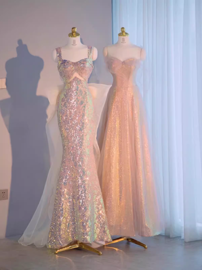 Robe de soirée longue sirène vintage à bretelles perlées et à paillettes Robes de cérémonie PD0046