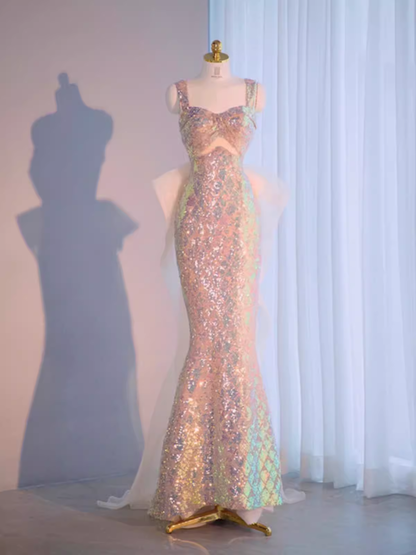 Robe de soirée longue sirène vintage à bretelles perlées et à paillettes Robes de cérémonie PD0046