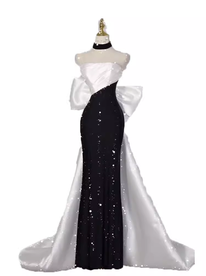 Robe de soirée longue noire bustier sirène à sequins Vintage Robes de soirée PD0047