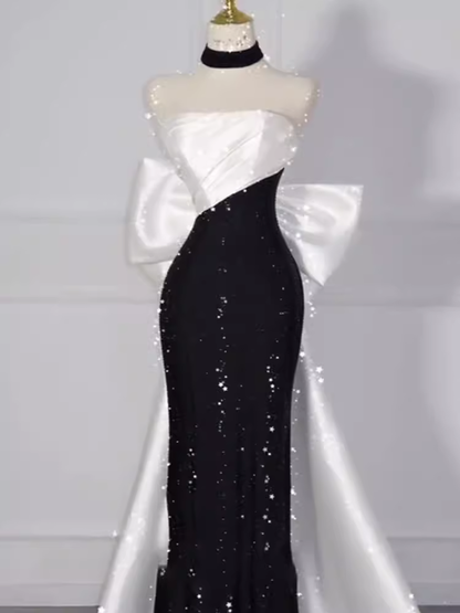 Robe de soirée longue noire bustier sirène à sequins Vintage Robes de soirée PD0047
