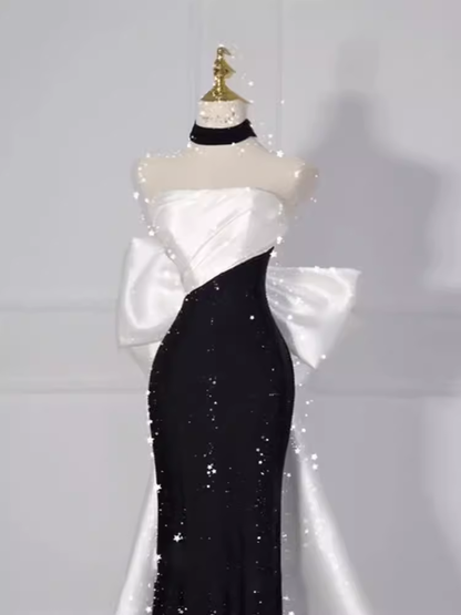 Robe de soirée longue noire bustier sirène à sequins Vintage Robes de soirée PD0047