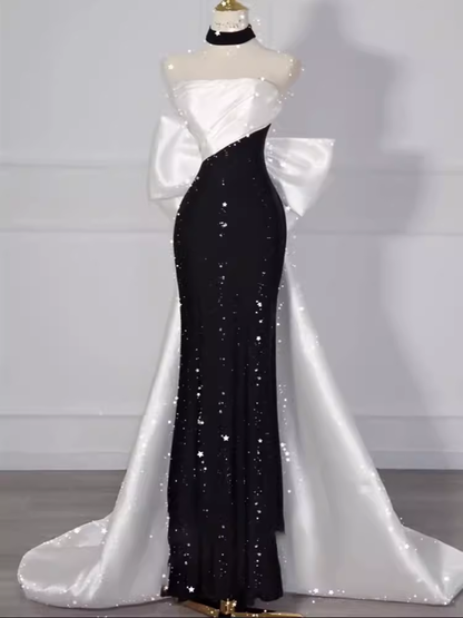 Robe de soirée longue noire bustier sirène à sequins Vintage Robes de soirée PD0047