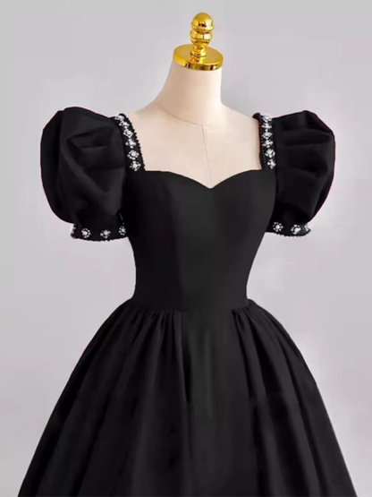 Robe de bal vintage en satin noir, longue, bustier cœur, pour bal de promo ou soirée PD0049