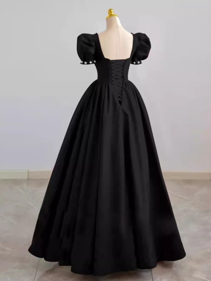 Robe de bal vintage en satin noir, longue, bustier cœur, pour bal de promo ou soirée PD0049