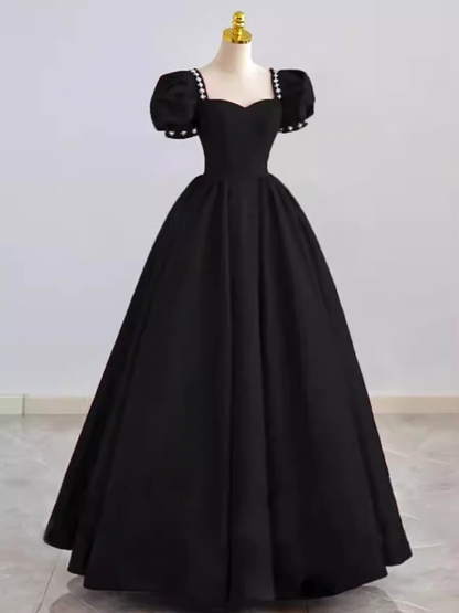 Robe de bal vintage en satin noir, longue, bustier cœur, pour bal de promo ou soirée PD0049