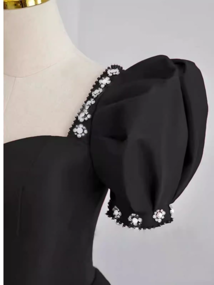 Robe de bal vintage en satin noir, longue, bustier cœur, pour bal de promo ou soirée PD0049