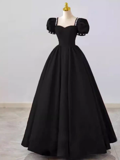 Robe de bal vintage en satin noir, longue, bustier cœur, pour bal de promo ou soirée PD0049