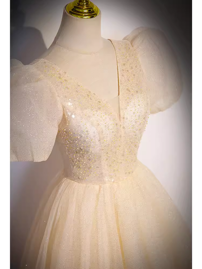 Hübsches A-Linien-Abendkleid mit V-Ausschnitt, kurzen Ärmeln, langes Partykleid, Ballkleid PD0052