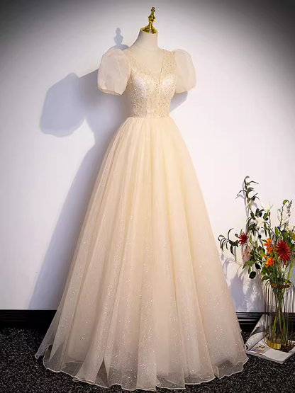 Hübsches A-Linien-Abendkleid mit V-Ausschnitt, kurzen Ärmeln, langes Partykleid, Ballkleid PD0052