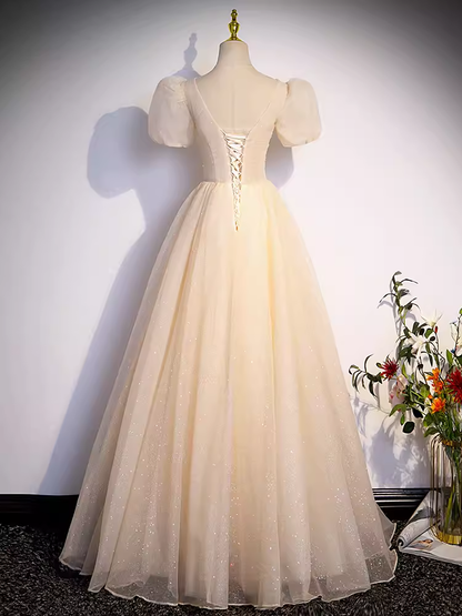 Hübsches A-Linien-Abendkleid mit V-Ausschnitt, kurzen Ärmeln, langes Partykleid, Ballkleid PD0052
