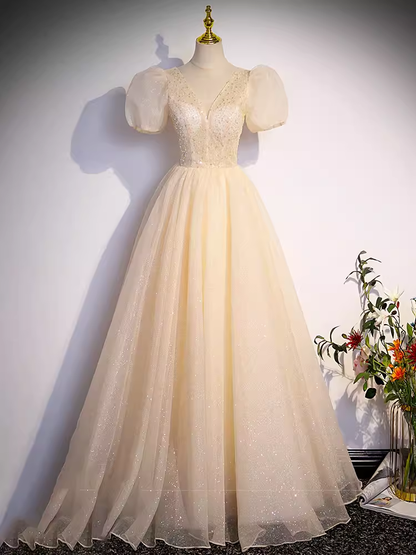 Hübsches A-Linien-Abendkleid mit V-Ausschnitt, kurzen Ärmeln, langes Partykleid, Ballkleid PD0052