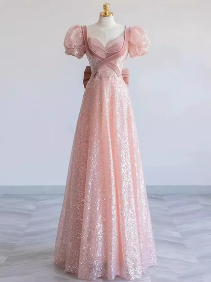 Hübsches A-Linien-Sweetheart-Kurzarm-langes Abendkleid Rosa Ballkleider PD0053