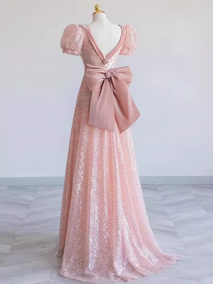 Hübsches A-Linien-Sweetheart-Kurzarm-langes Abendkleid Rosa Ballkleider PD0053
