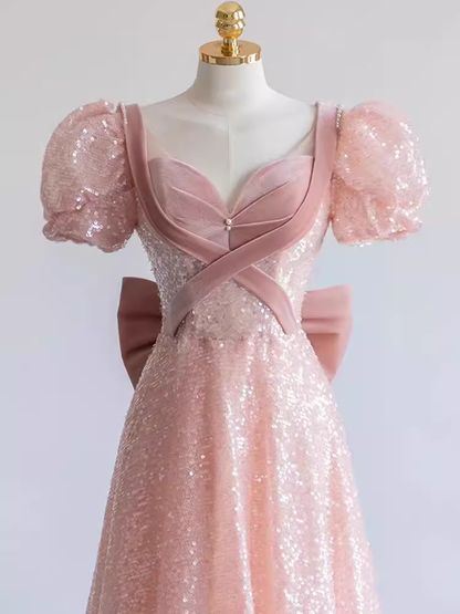 Hübsches A-Linien-Sweetheart-Kurzarm-langes Abendkleid Rosa Ballkleider PD0053