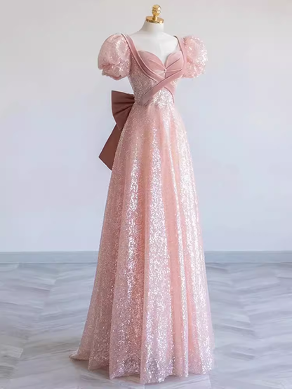 Hübsches A-Linien-Sweetheart-Kurzarm-langes Abendkleid Rosa Ballkleider PD0053