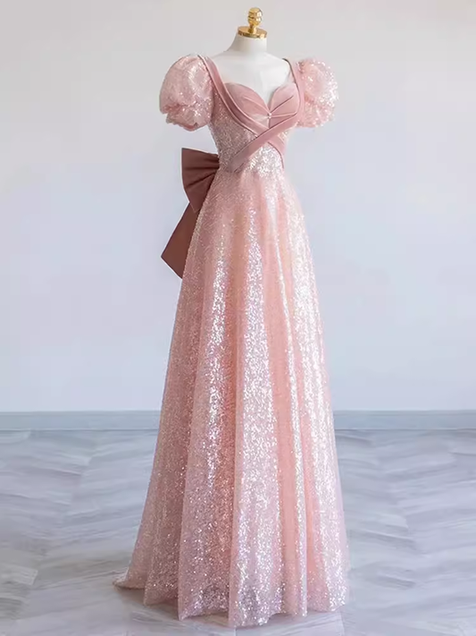 Pretty A line Sweetheart Short Sleeves Long Evening Party Dress Pink Prom Dresses PD0053