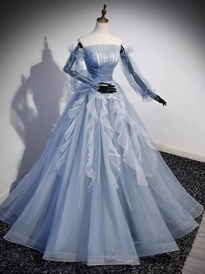 Vintage Ball Gown Strapless Satin Dusty Blue Tulle Long Prom Dress For –  PreppyDress