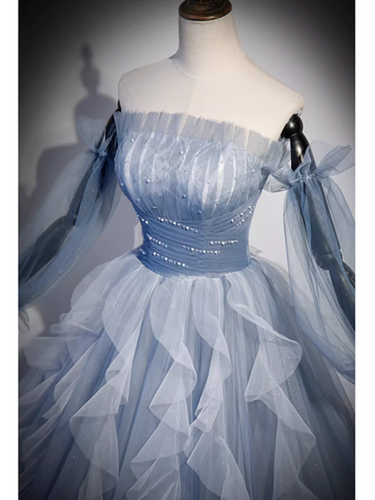 Vintage Ball Gown Strapless Satin Dusty Blue Tulle Long Prom Dress For Vintage Ball Gown Strapless Satin Dusty Blue Tulle Long Prom Dress For