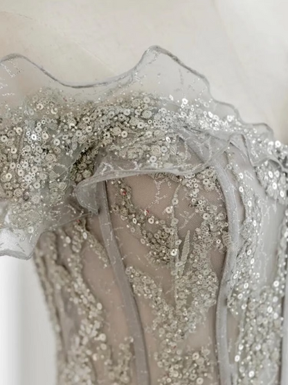 Hübsches A-Linien-Kleid mit Carmenausschnitt, Pailletten, langes Abendkleid, Ballkleid PD0056