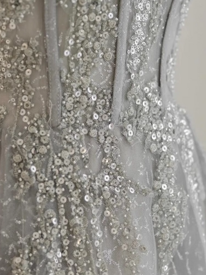 Hübsches A-Linien-Kleid mit Carmenausschnitt, Pailletten, langes Abendkleid, Ballkleid PD0056