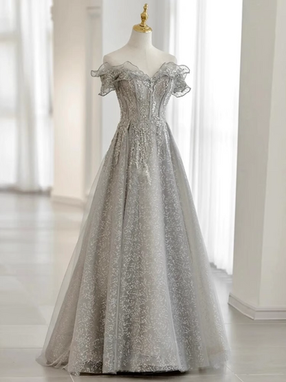 Hübsches A-Linien-Kleid mit Carmenausschnitt, Pailletten, langes Abendkleid, Ballkleid PD0056